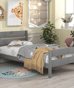 Pvillez Wood Twin Bed Frames with Headboard and Footboard Kids Bedframes Platform with Storage for Girls Boy No Box Spring Needed (Gray)