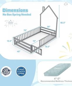 Montessori House-Shaped Twin Floor Bed Frame for Kids in Grey 2