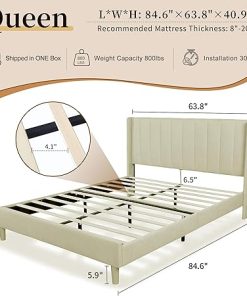 Queen Size Upholstered Platform Bed Frame with Linen Fabric Beige 2