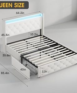 Queen Size Bed Frame with LED Headboard Velvet Upholstered Beige 2