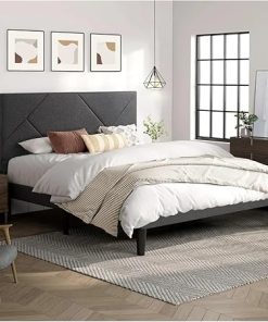 Dark Grey Full Size Upholstered Bed Frame with Geometric Headboard