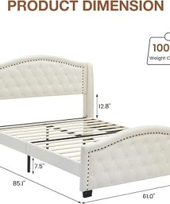Queen Size Upholstered Bed Frame with Tall Velvet Headboard Beige 2