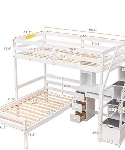 Twin Over Twin Bunk Bed with Stairs Desk Solid Wood Loft Bed White 2