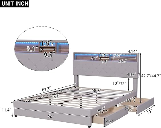 Queen Bed with Storage Headboard and LED USB Charging, Beige 2 Queen Bed with Storage Headboard and LED USB Charging, Beige - Image 2