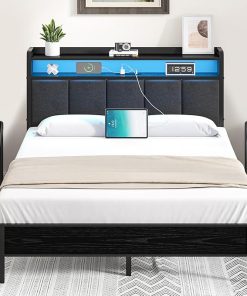 Full Size Upholstered Bed Frame with Storage Headboard and LED Lights