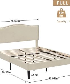 VECELO Upholstered Full Bed Frame with Strong Wooden Slats Beige 2