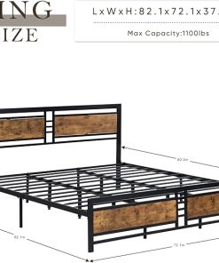 Metal King Size Bed Frame with Wood Headboard and Slat Support 2