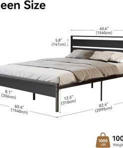 Queen Bed Frame with Wooden Headboard and Under Bed Storage Black 2