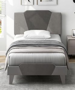 Giantex Twin Velvet Upholstered Bed Frame Modern Platform Grey