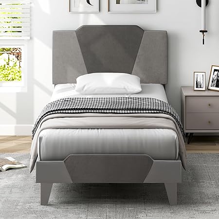 Giantex Twin Velvet Upholstered Bed Frame Modern Platform Grey Giantex Twin Velvet Upholstered Bed Frame Modern Platform Grey