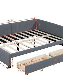 Full Size Upholstered Daybed with 2 Storage Drawers in Gray 2