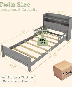 Twin Bed Frame for Kids with Storage and LED Lights, Grey 2