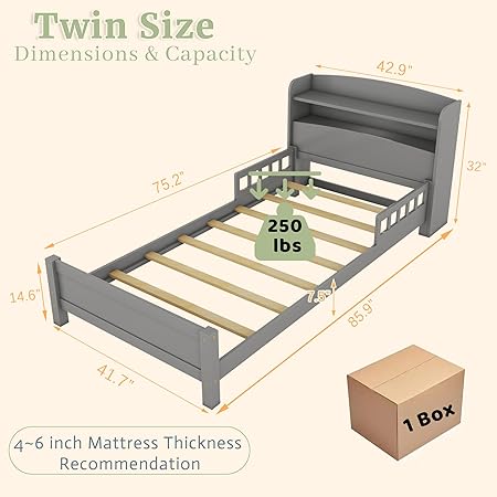 Twin Bed Frame for Kids with Storage and LED Lights, Grey 2 Twin Bed Frame for Kids with Storage and LED Lights, Grey - Image 2