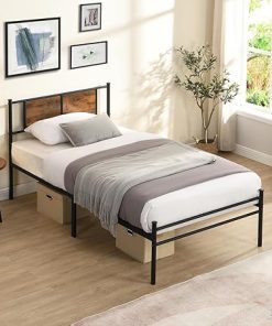Modern Metal Bed Frame with Wood Headboard, Twin Size, Easy Assembly