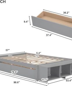 Solid Wood Full Size Bed with Storage and 2 Drawers in Grey 2