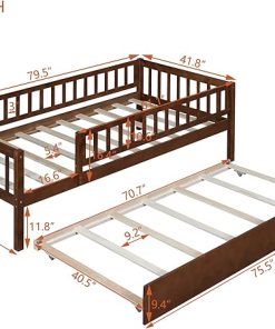 Twin Size Bed Frame with Trundle and Guardrails for Kids and Teens 2