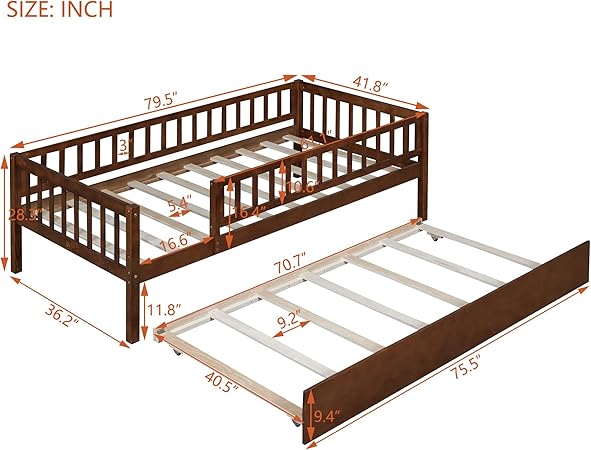 Twin Size Bed Frame with Trundle and Guardrails for Kids and Teens 2 Twin Size Bed Frame with Trundle and Guardrails for Kids and Teens - Image 2