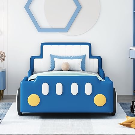 Twin Size Race Car Platform Bed with Wheels and Guardrails for Kids Twin Size Race Car Platform Bed with Wheels and Guardrails for Kids