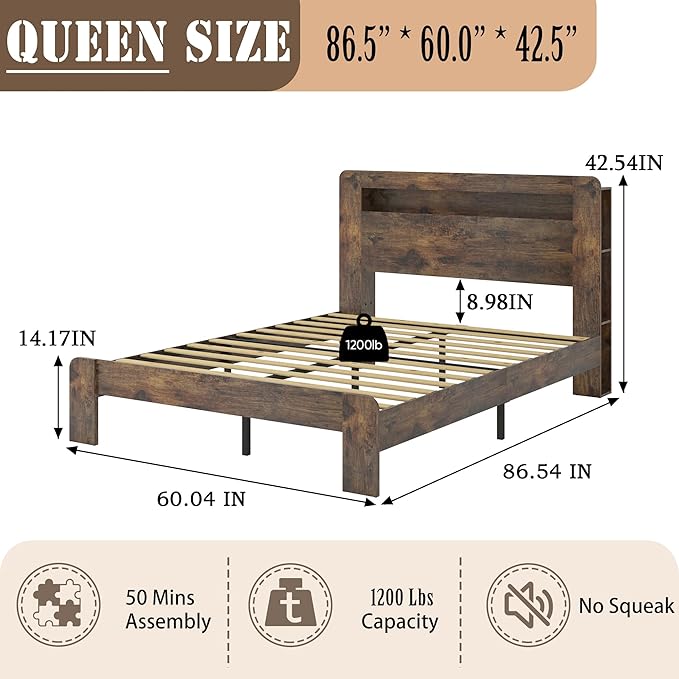 Queen Size Wooden Bed Frame with Storage and Headboard in Rustic Brown 2 Queen Size Wooden Bed Frame with Storage and Headboard in Rustic Brown - Image 2