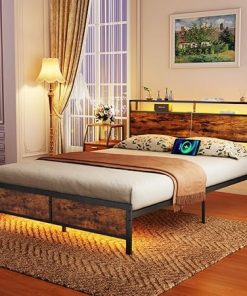 Industrial Queen Bed Frame with LED Lights and USB Ports in Brown
