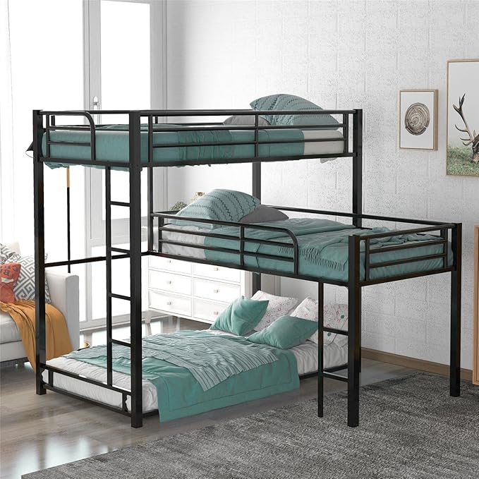 Space-Saving L-Shaped Metal Triple Bunk Bed for Kids and Adults Space-Saving L-Shaped Metal Triple Bunk Bed for Kids and Adults