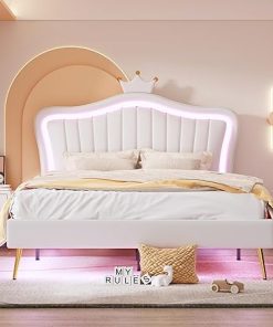 Queen Size Upholstered Princess Bed with Crown Headboard and LED