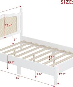Mid-Century Wooden Platform Bed with Rattan Headboard for Bedrooms 2