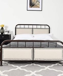 Giantex Full Size Metal Bed Frame with Upholstered Headboard in Chocolate