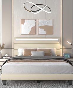 Modern Queen Size Bed Frame with Charging Station and LED Lights