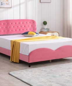 Pink Velvet Full Size Bed Frame with Headboard for Girls