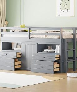 Merax Twin Low Loft Bed with 4 Drawers and Underneath Shelves Gray 2