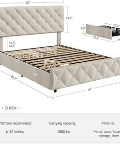 Queen Size Bed Frame with 4 Storage Drawers Off White Upholstered 2