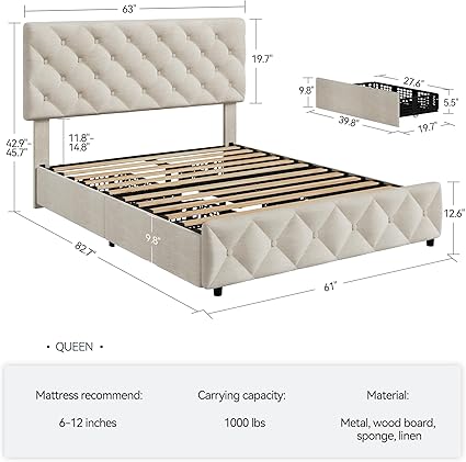Queen Size Bed Frame with 4 Storage Drawers Off White Upholstered 2 Queen Size Bed Frame with 4 Storage Drawers Off White Upholstered - Image 2