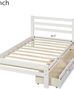 White Twin Bed Frame with Storage Drawers Solid Wood Kids Bed 2