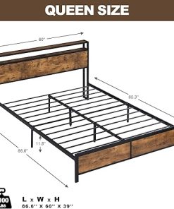 Industrial Queen Bed Frame with LED Lights and USB Ports in Brown 2
