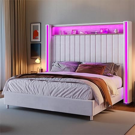 Jocisland Queen Bed Frame with LED Lights and Charging Station Velvet 2 Jocisland Queen Bed Frame with LED Lights and Charging Station Velvet - Image 2