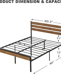 Rustic Queen Size Bed Frame with Metal Slats – No Box Spring Needed 2