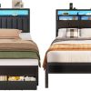 Queen Size Platform Bed Frame with Wooden Headboard and Metal Slats 4