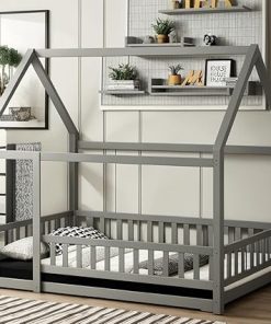 Montessori Full Size Floor Bed Frame for Kids with Fence in Grey