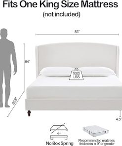 King Size Upholstered Bed with Wingback Headboard Easy Assembly Ivory 2