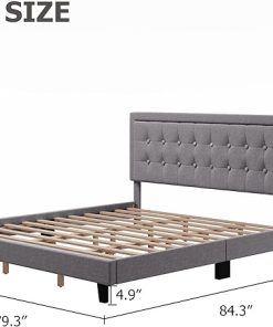 King Size Platform Bed Frame with Upholstered Tufted Headboard in Grey 2