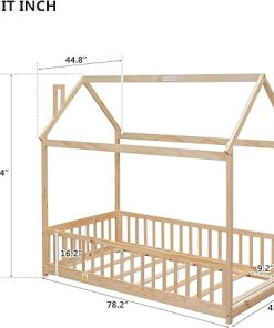 Twin Size Kids House Bed, Wood Montessori Floor Bed, Double Bed Frame with Fence, Flat Noodles and roof, House Bed for Girls and Boys’ Bedroom, Natural 2