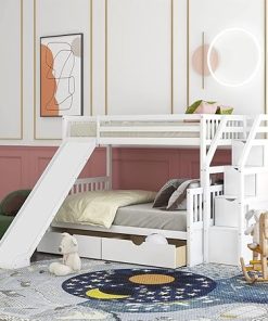 Twin Over Full Bunk Bed with Slides Solid Wood Frame Storage White