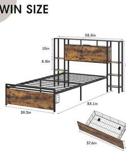 Maupvit Twin Bed Frame with Storage Shelves and LED Lights in Brown 2