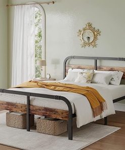 ZIYOO Industrial Metal Queen Bed Frame with Rustic Wood Headboard
