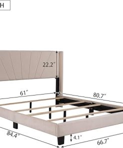 Queen Size Velvet Platform Bed Frame with Slat Kit in Beige 2