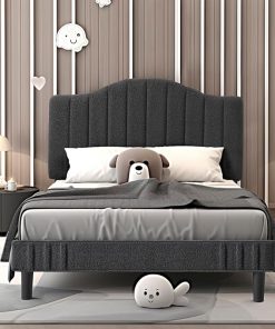 VECELO Twin Upholstered Bed Frame/Platform Bed Frame with Adjustable Headboard, Sheepskin Fabric Bed with Strong Wood Slats and 7.9” Under Bed Space, Noise Free No Box Spring Needed, Dark Grey