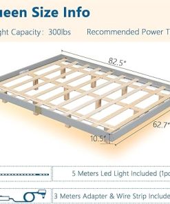 Queen Size Floating Bed Frame with LED Lights Solid Pine Wood Grey 2