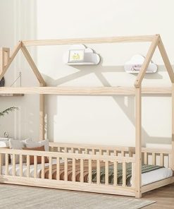 Twin Size Kids House Bed, Wood Montessori Floor Bed, Double Bed Frame with Fence, Flat Noodles and roof, House Bed for Girls and Boys’ Bedroom, Natural