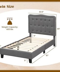 Giantex Twin Bed Frame Modern Linen Upholstered Platform Grey 2